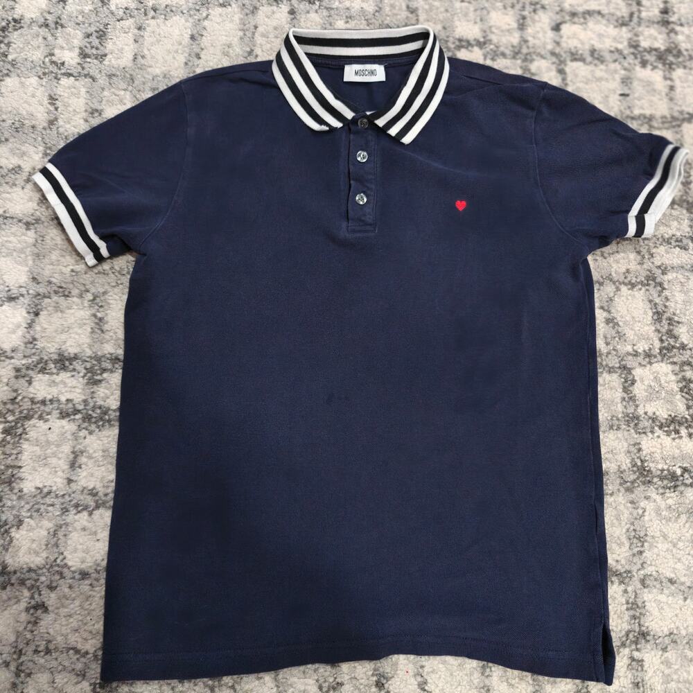 Moschino Navy Blue Pique Polo Shirt Embroidered Heart Striped Collar Mens XS